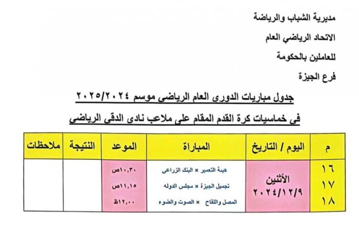 الجيزة
      تنظم
      بطولة
      دوري
      المصالح
      الحكومية المساء الاخباري ..