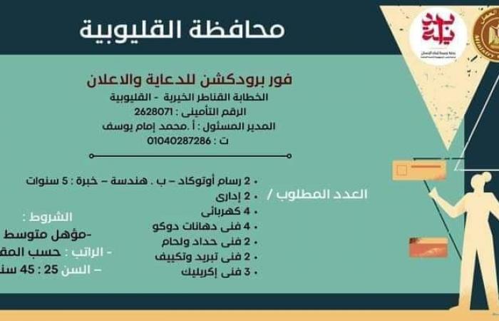 القوى
      العاملة
      بالقليوبية:
      توفير
      323
      فرصة
      في
      شركات
      ومصانع
      بمرتبات
      مجزية المساء الاخباري ..