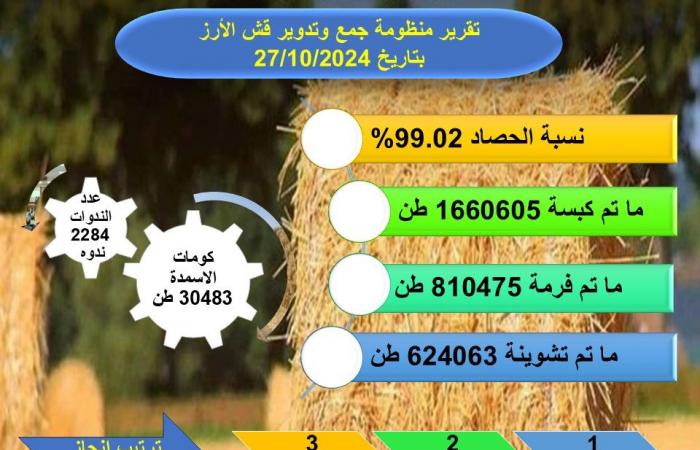 الزراعة:
      حصاد
      99%
      من
      المساحات
      المنزرعة
      بالأرز . المساء الاخباري