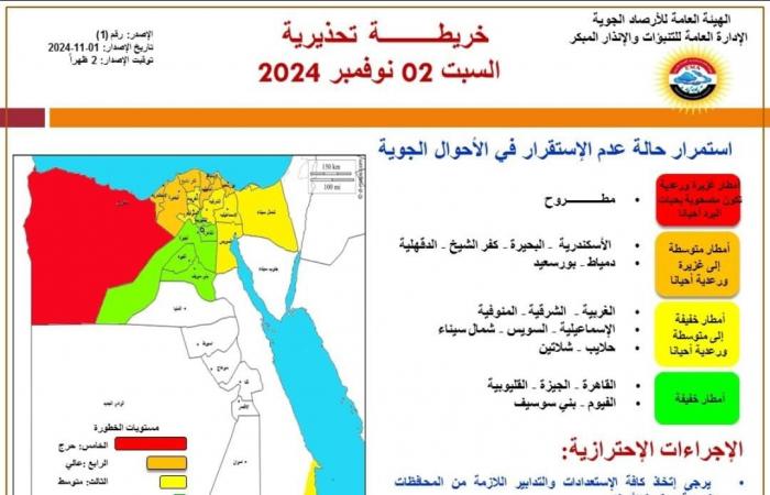 الأرصاد
      تعلن
      خريطة
      تحذيرية
      من
      طقس
      السبت..
      تفاصيل .. بوابة المساء الاخباري