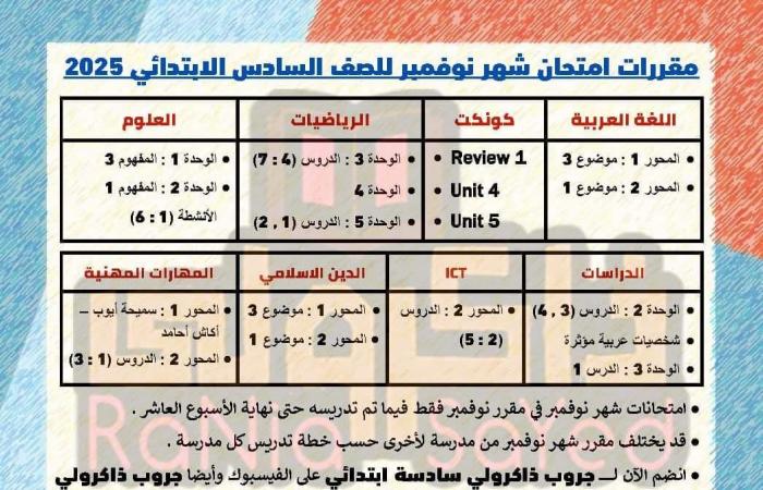 ننشر
      مقررات
      شهر
      نوفمبر
      للصف
      السادس
      الابتدائي