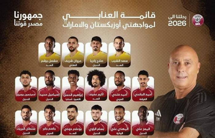 غياب
      يوسف
      أيمن
      عن
      قائمة
      قطر
      لمواجهتي
      أوزبكستان
      والإمارات
      في
      تصفيات
      كأس
      العالم
      2026 .. بوابة المساء الاخباري