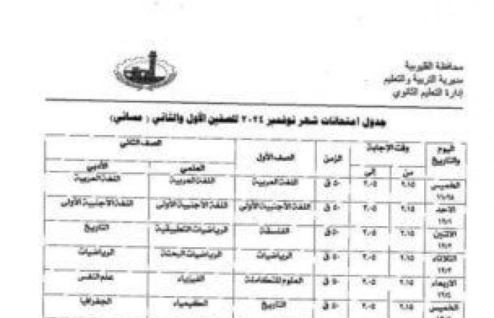 جداول
      امتحانات
      شهر
      نوفمبر
      لصفوف
      ابتدائي
      وإعدادي
      وثانوي
      في
      القليوبية - بوابة المساء الاخباري