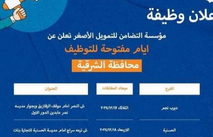 مؤسسة التضامن للتمويل الأصغر تعلن عن أيام مفتوحة للتوظيف بالشرقية .. بوابة المساء الاخباري