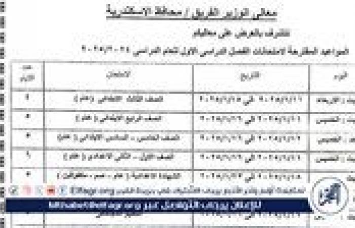 محافظ
      الإسكندرية
      يعتمد
      مواعيد
      امتحانات
      الفصل
      الدراسي
      الأول
      للعام
      الدراسي
      2024/2025