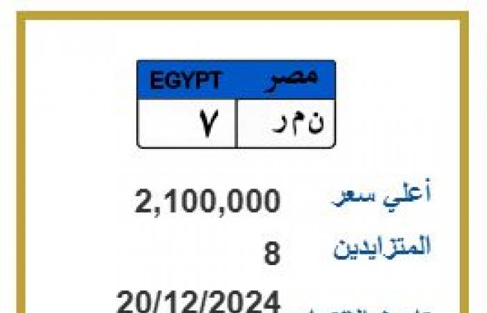 ن م ر 7 .. لوحة معدنية مميزة تجاوز سعرها 2 مليون جنيه | تفاصيل .. بوابة المساء الاخباري