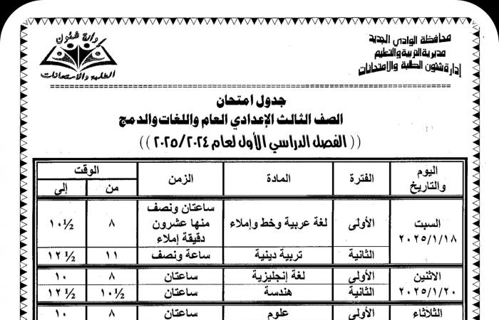 جدول امتحانات الصف الثالث الإعدادي 2024 - 2025 في 10 محافظات .. بوابة المساء الاخباري