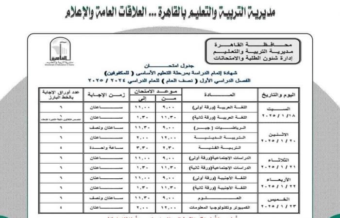 جدول امتحانات نصف العام 2025 محافظة القاهرة |خبر عاجل لجميع الصفوف الآن .. بوابة المساء الاخباري