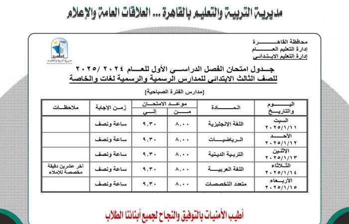 جدول امتحانات نصف العام 2025 محافظة القاهرة |خبر عاجل لجميع الصفوف الآن .. بوابة المساء الاخباري