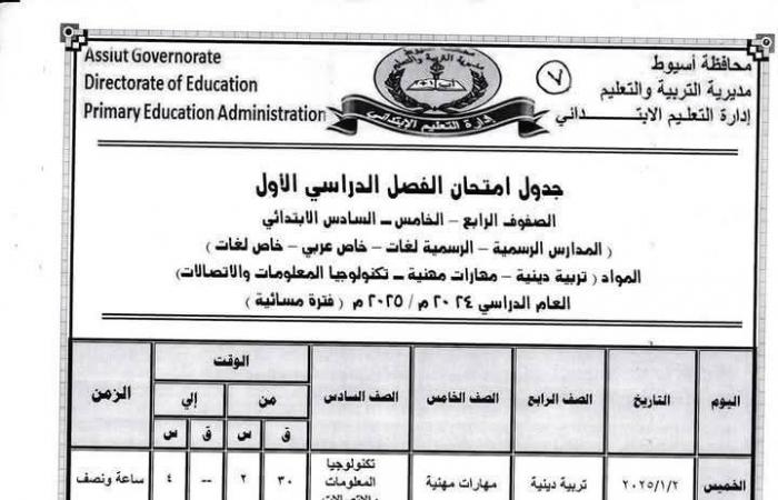 ننشر جدول امتحانات الفصل الدراسي الأول للمرحلتين الابتدائية والإعدادية بأسيوط .. بوابة المساء الاخباري