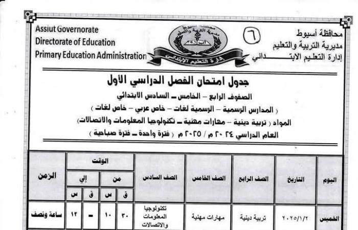 ننشر جدول امتحانات الفصل الدراسي الأول للمرحلتين الابتدائية والإعدادية بأسيوط .. بوابة المساء الاخباري