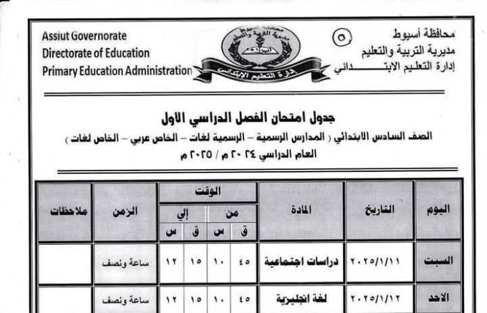 ننشر جدول امتحانات الفصل الدراسي الأول للمرحلتين الابتدائية والإعدادية بأسيوط .. بوابة المساء الاخباري