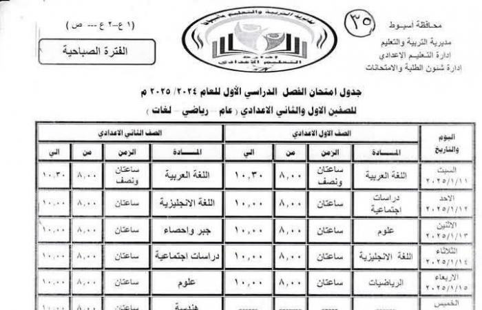 ننشر جدول امتحانات الفصل الدراسي الأول للمرحلتين الابتدائية والإعدادية بأسيوط .. بوابة المساء الاخباري