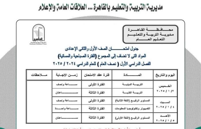 جدول امتحانات نصف العام 2025 محافظة القاهرة |خبر عاجل لجميع الصفوف الآن .. بوابة المساء الاخباري