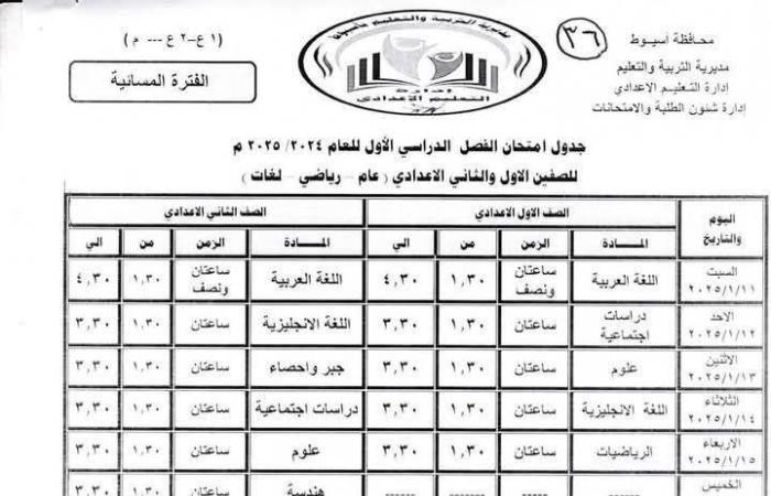 ننشر جدول امتحانات الفصل الدراسي الأول للمرحلتين الابتدائية والإعدادية بأسيوط .. بوابة المساء الاخباري