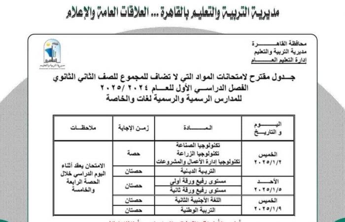 جدول امتحانات نصف العام 2025 محافظة القاهرة |خبر عاجل لجميع الصفوف الآن .. بوابة المساء الاخباري