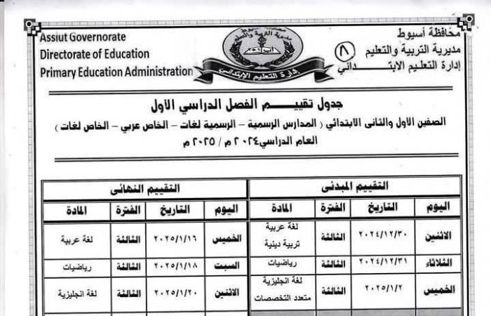 ننشر جدول امتحانات الفصل الدراسي الأول للمرحلتين الابتدائية والإعدادية بأسيوط .. بوابة المساء الاخباري