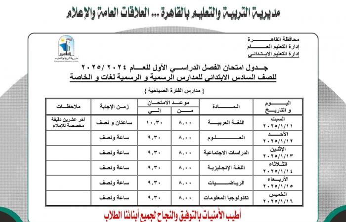 جدول امتحانات الترم الأول 2025 القاهرة لصفوف النقل.. مواعيد رسمية .. بوابة المساء الاخباري