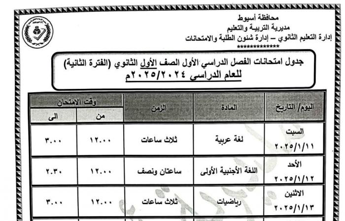 جدول امتحانات نصف العام 2025 الصفين الأول والثاني الثانوي جميع المحافظات |تفاصيل وصور .. بوابة المساء الاخباري