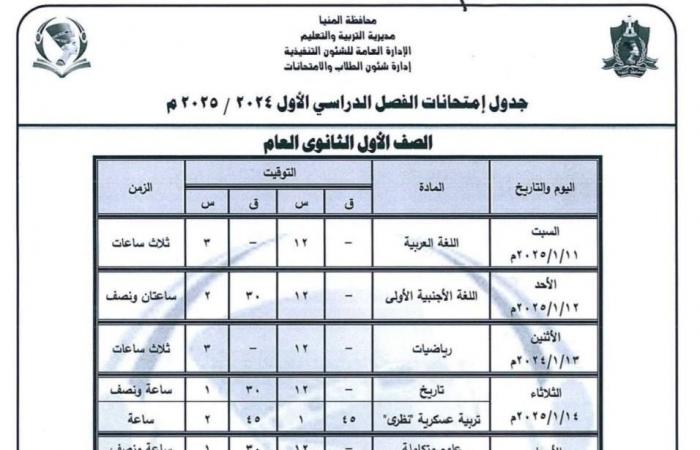 جدول امتحانات نصف العام 2025 الصفين الأول والثاني الثانوي جميع المحافظات |تفاصيل وصور .. بوابة المساء الاخباري