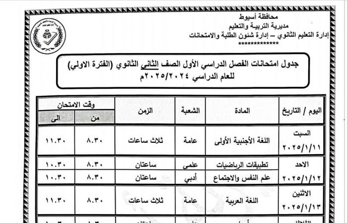 جدول امتحانات نصف العام 2025 الصفين الأول والثاني الثانوي جميع المحافظات |تفاصيل وصور .. بوابة المساء الاخباري