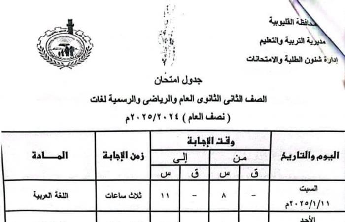 جدول امتحانات نصف العام 2025 الصفين الأول والثاني الثانوي جميع المحافظات |تفاصيل وصور .. بوابة المساء الاخباري