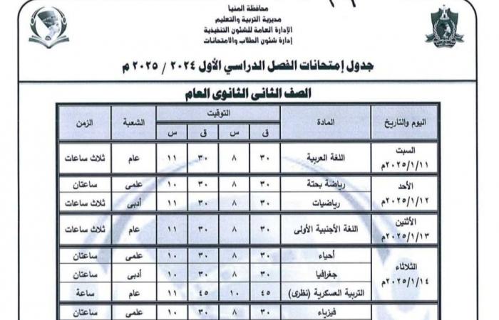 جدول امتحانات نصف العام 2025 الصفين الأول والثاني الثانوي جميع المحافظات |تفاصيل وصور .. بوابة المساء الاخباري