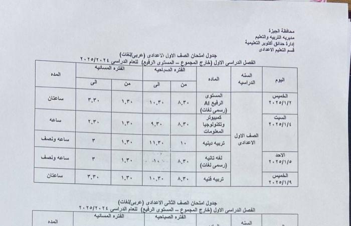 جداول امتحانات الترم الأول 2025 للمواد غير المضافة للمجموع |مواعيد رسمية .. بوابة المساء الاخباري