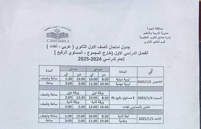 جداول امتحانات الترم الأول 2025 للمواد غير المضافة للمجموع |مواعيد رسمية .. بوابة المساء الاخباري