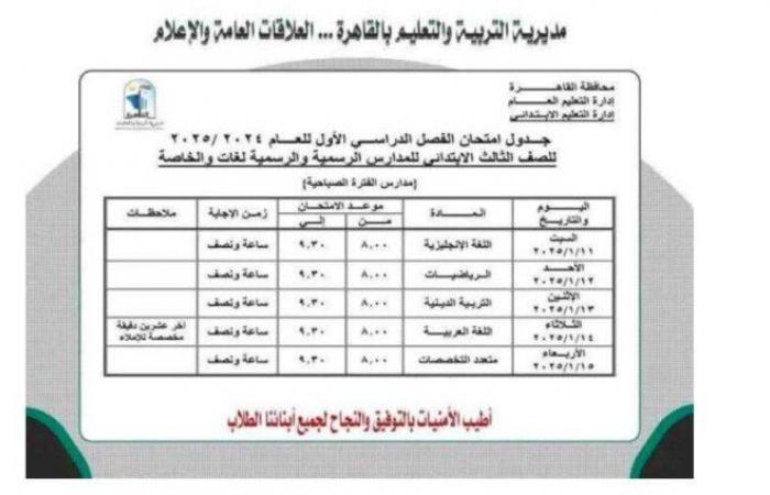 تبدأ
      11
      يناير..
      جدول
      مواعيد
      امتحانات
      الصف
      الثالث
      الابتدائي
      2025 - بوابة المساء الاخباري