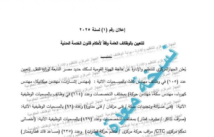 عددها 1098.. تفاصيل وظائف السكة الحديد الجديدة 2025  .. والتقديم من هذا اللينك .. بوابة المساء الاخباري