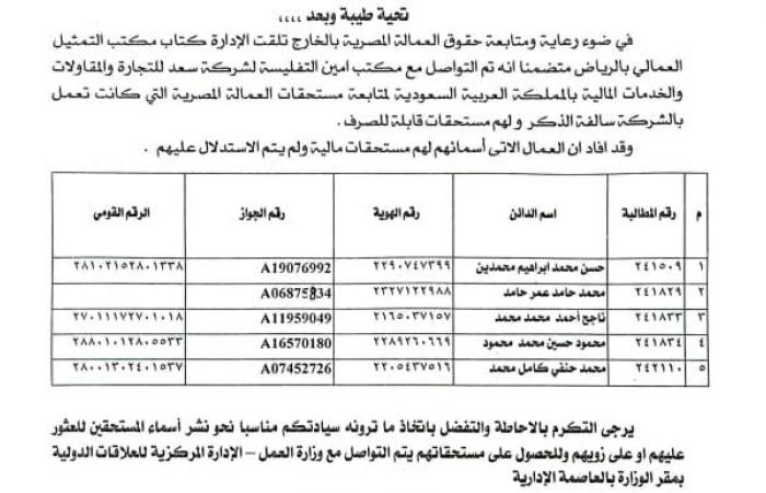 مطلوب الوصول إليهم.. وزارة العمل تُعلن أسماء عمال لهم حقوق لدى شركة سعودية .. بوابة المساء الاخباري