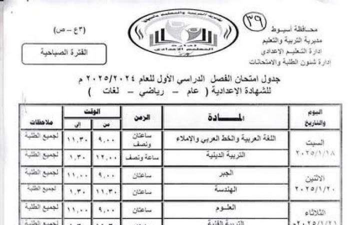 بدء جدول امتحانات الصف الثالث الإعدادي 18 يناير بجميع المحافظات .. بوابة المساء الاخباري