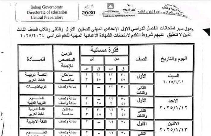 بدء جدول امتحانات الصف الثالث الإعدادي 18 يناير بجميع المحافظات .. بوابة المساء الاخباري