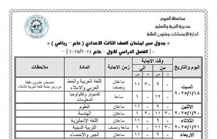 بدء جدول امتحانات الصف الثالث الإعدادي 18 يناير بجميع المحافظات .. بوابة المساء الاخباري