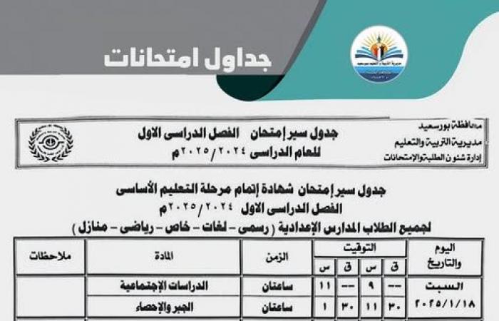 بدء جدول امتحانات الصف الثالث الإعدادي 18 يناير بجميع المحافظات .. بوابة المساء الاخباري