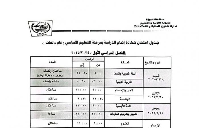 جدول امتحانات الصف الثالث الإعدادي محافظة الجيزة 2025| اعرف موعد كل مادة .. بوابة المساء الاخباري