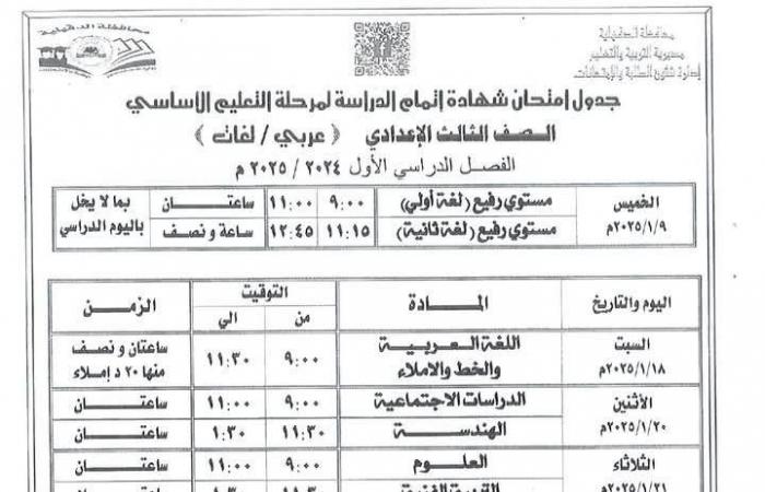 تبدأ 18 يناير| جدول امتحانات الصف الثالث الإعدادي 2025 جميع المحافظات .. بوابة المساء الاخباري