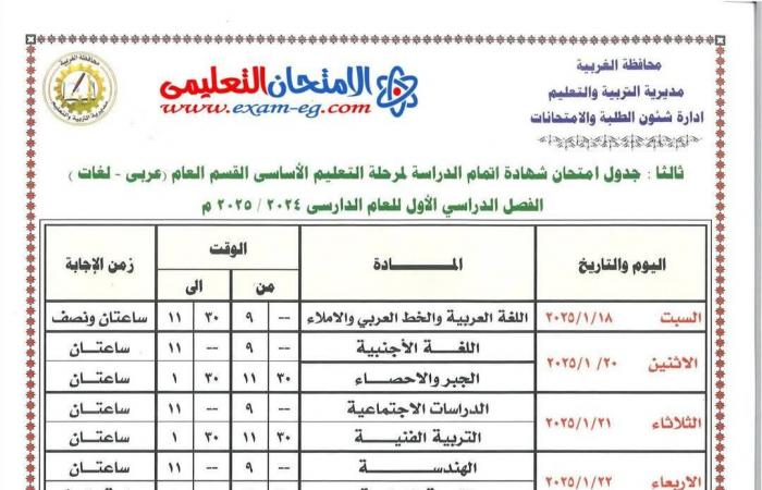 تبدأ 18 يناير| جدول امتحانات الصف الثالث الإعدادي 2025 جميع المحافظات .. بوابة المساء الاخباري