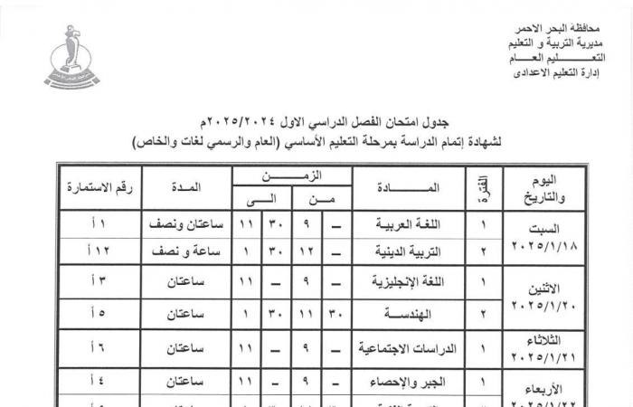 تبدأ 18 يناير| جدول امتحانات الصف الثالث الإعدادي 2025 جميع المحافظات .. بوابة المساء الاخباري