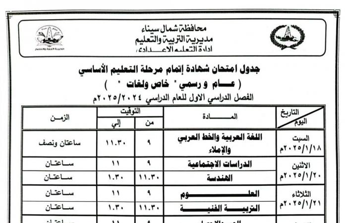 تبدأ 18 يناير| جدول امتحانات الصف الثالث الإعدادي 2025 جميع المحافظات .. بوابة المساء الاخباري